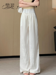 New Chinese Style Small Size Ice Silk Satin Wide Leg Pants Women Summer 2025 New National Style Embroidery Straight Casual Pants