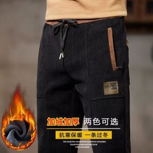 Mens Winter Fleece Lined Thick Corduroy Casual Pants Wear Resistant for Work And Office Long Zipper Pocket Loose Fit Youth Style