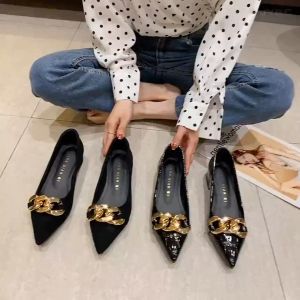 Black Office Shoes French Pointed Thick Heel Shoes Elegant Glossy Shoes