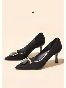 รองเท้าส้นสูงหัวแหลมหนังนิ่มสีดำสำหรับใส่ทำงาน ทรงหัวแหลม ส้นบาง ดีไซน์เก๋ไก๋ รองเท้าแฟชั่นสำหรับผู้หญิง