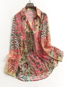 เสื้อเชิ้ตผู้หญิงทรงหลวมพิมพ์ลายชาติพันธุ์ย้อนยุค แขนยาว ทรงหลวม ใส่สบาย ฤดูร้อน 2024 เสื้อเชิ้ตผู้หญิง