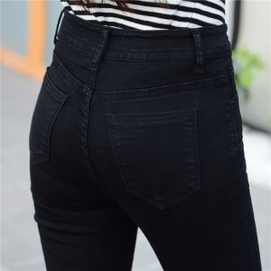 กางเกงยีนส์ทรงปากบุหรี่เอวสูงสไตล์เกาหลีสำหรับผู้หญิง กางเกงขายาวทรงสลิมฟิต กางเกงยีนส์ผ้าคอตตอนยืดสำหรับฤดูใบไม้ผลิและฤดูร้อน