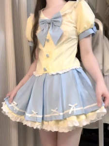 Sweet Girl Gentle Style Butterfly Knot Navy Collar Top Women High Waist A-Line Slim Pleated Puffy Short Skirt Set