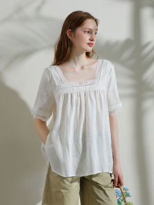 Miccbeirn | เสื้อยืดแขนสั้นผ้าลินินสีขาว ทรงหลวม คอเหลี่ยม ปักลูกไม้ เสื้อผ้าเด็กเจ้าหญิง สำหรับผู้หญิงในฤดูร้อน