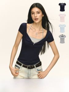 Ariseism American Retro Design Rhinestone Short Sleeve Slim Fit Womens T-shirt Summer New Style Streetwear Pure Color Top