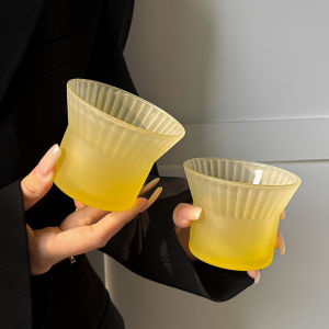 Matte Gradient Yellow Waist-Cinching Stripe Glass Cup Cold Drink Cup High-End Feeling Heat Resistant Bamboo Cover Home Drinking Cup Coffee Cup