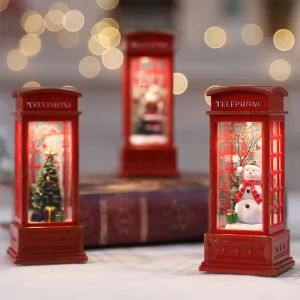 Christmas Phone Booth Decoration with Santa Claus Snowman & Tree - Red Retro Telephone Booth Ornament With Light Home Decorator