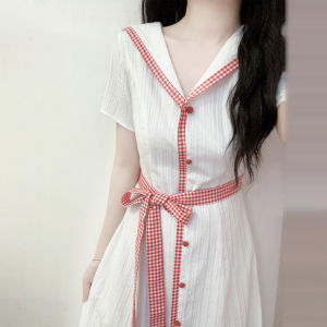 Y6Y | French Style White Navy Collar Dress Women Summer 2025 New Unique Beautiful Elegant Long Skirt Cotton Short Sleeve Sweet Style