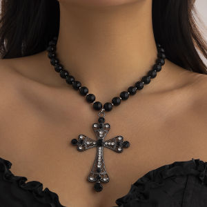 Salircon Gothic Inlaid Rhinestone Big Cross Pendant Necklace for Women Aesthetic Design Imitation Pearl Beaded Choker Jewelry