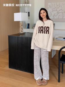 Bộ Đồ Ngủ Len Dày Ấm Áp Mùa Thu Đông Cho Nữ Quần Áo Mặc Nhà Rộng Rãi Quần Áo Mặc Nhà Kẻ Sọc Thoải Mái Mềm Mại