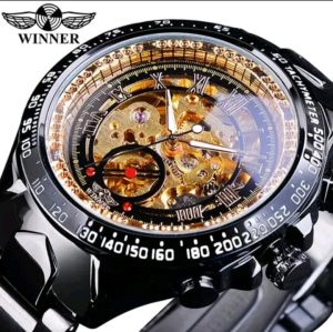 JAM TANGAN WINNER HITAM GOLD ORIGINAL MEKANIK FULL STAINLESS