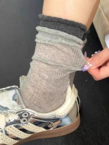 Lazy Gray!" Womens Socks Summer Thin Mid-Calf Length Socks Mesh Breathable Cut Out Cotton Gray Bunching Socks