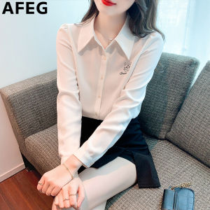 AFEG new Korean version of shirt collar fashion loose all-match printed chiffon long-sleeved blouse for women