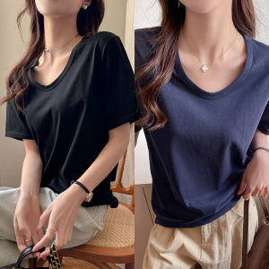 miiow | Casual Black V-neck Short Sleeve Base Shirt Womens Summer New Style Versatile Thin Cat Person MiiOW Top Loose Fit Pure Color