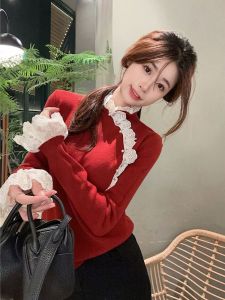 New Chinese Style Long Sleeve Lace Trim Knitted Shirt Stand Collar Slim Fit Casual Wear for Women Autumn Winter Fashion