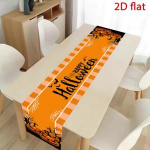 Happy Halloween Striped Table Runner Pumpkin Bat Spider Web Print Spooky Season Table Scarf Party Kitchen Holiday Home Decor