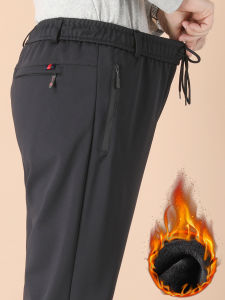 กางเกงลำลองผู้ชายทรงหลวมเอวยางยืดบุขนแกะหนาสำหรับฤดูใบไม้ร่วง/ฤดูหนาว กางเกงกีฬาลำลองสำหรับผู้ชายวัยกลางคนและผู้สูงอายุ