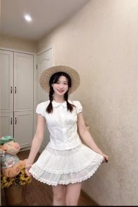 Áo Sơ Mi Ren Trắng Tay Ngắn Mùa Hè Thiết Kế Kiểu Pháp Eo Cao Ôm Vừa Vặn Cổ Búp Bê Cho Nữ