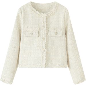 MUTU | French Style Round Collar Inspired Short Jacket Casual Loose Weave Blended Tweed