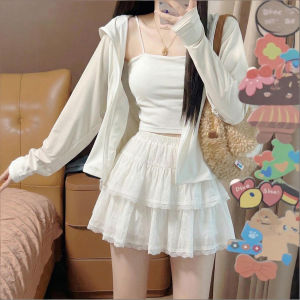XIANYIJIAO | White Lace Short Flared Skirt High Waist Slimming A-line Cake Dress