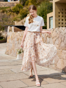XIANGYING | Irregular Floral Patchwork Peplum Hem High Waist Skirt