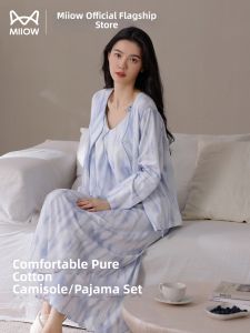 MiiOW | New Fashion Long Sleeve Cotton Camisole Sleep Dress Pajama Set Built-in Bra Pads