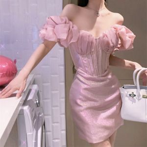RYRYSTYLE Designer niche pink small dress off the shoulder with a waistband pink dress 1219