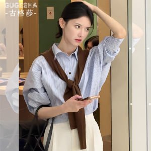 French Style Long Sleeve Striped Shirt Womens Fashion Autumn New Arrival Slimming Versatile Polo Collar Breathable Casual Shirt