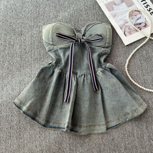 Classic Style Denim Sling Vest with Chest Pad Female Summer Pure Desire off-Neck off-the-Shoulder Short Tube Top Puffy Tops