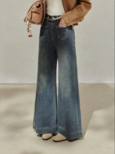 OUYANGXI | Quần Jeans Nữ Xanh Retro Rộng Dưới