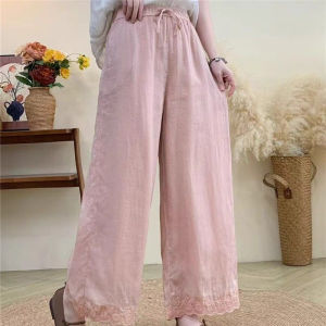 กางเกงขายาวทรงตรงผ้าลินินปักลายสำหรับผู้หญิง กางเกงขายาวผ้าฝ้ายลินินสีพื้น กางเกงขายาวทรงหลวมสำหรับฤดูร้อน สไตล์ย้อนยุคญี่ปุ่น