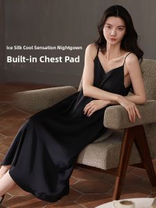 Miiow | Cat Woman Ice Silk Sleep Dress Women Summer Cool Sensation Breathable With Chest Pad Strap Long High-End Feeling Ladies Nightgown