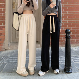 High Waist Drawstring Wide Leg Pants Womens Loose Fit Casual Trousers Metal Coated Fiber Fabric Spring Season Fashion