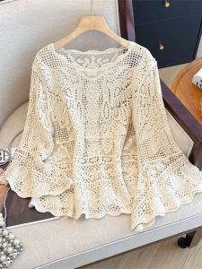AIYITI | French Beautiful Lace Shirt Women Long Sleeve Hollow Out Summer New Plus Size Fat MM Belly Sunscreen Cover Up Top