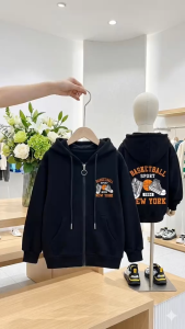 Áo Khoác Hoodie Zip Bé Trai Dây Kéo Form Rộng Nỉ Lót Bông BASKET BALL trẻ em 4 Đến 10 Tuổi - CONXINH