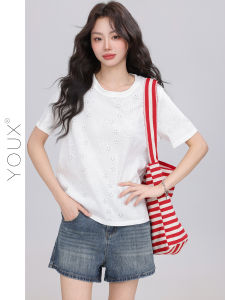 YOUXIANG | Áo Thun Tròn Cổ Thêu Hoa