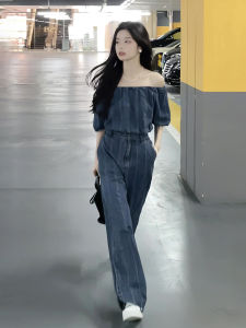 Bộ Đồ Denim Phong Cách Nữ Mùa Hè 2025 Mới Thon Gọn Giảm Tuổi Một Bên Vai Cổ Cao Quần Ống Rộng Cạp Cao Chất Liệu Cotton