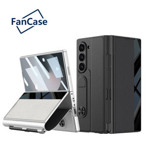 Minimalist Business Z Fold 6 Leather Flip Case Standing Cover S Pen Holder Samsung Galaxy Z Fold6 Casing Full Protection Anti-Drop Durable Hard PC Phone Case with Tempered Glass