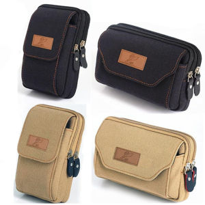 New Mens Canvas Phone Bag Horizontal Belt Tactical Waist Bag Vertical Phone Case Retro Style Polyester Lining Zipper Closure