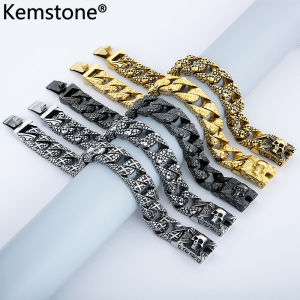 Kemstone 316L Titanium Steel Punk Skull Silver Gold Plated Link Bracelet Jewelry for Men
