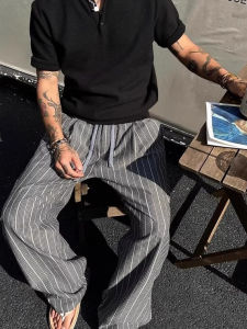 Loose Fit Casual Pants Mens Summer Straight Leg Drawstring Trousers Striped Textured Lazy Style Polyester Fiber Non-Stretch