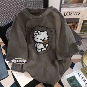 เสื้อยืดคอกลมแขนสั้นผ้าฝ้ายแท้ 100% ทรงหลวม สไตล์อเมริกัน สำหรับผู้ชาย ฤดูร้อน 2024 แฟชั่นฤดูร้อน เสื้อยืดคอกลมลายการ์ตูน