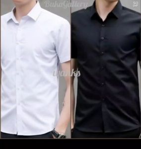 Baju Kemeja Putih Hitam Lengan Pendek Reguler Pria Bahan Katun