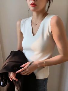 Fashion V-neck Ice Silk Knitted Tank Top Women Casual Solid Sleeveless Top