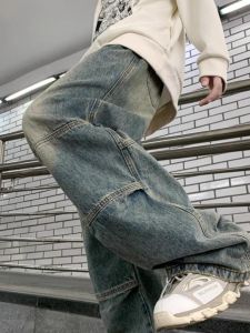 Patchwork Denim Mens Spring & Fall American Retro Wide Leg Washed Distressed Trendy Loose Straight-leg Slightly Flared Long Pants