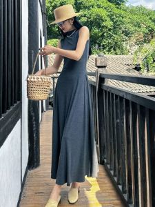 Elegant French Design Summer New Womens Dress Slimming Waistline Sleeveless Stand Collar Long Gown Fashionable Commute Style