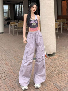 กางเกงทำงานสีม่วงทรงหลวมสไตล์อเมริกันสำหรับผู้หญิง กางเกงขายาวทรงตรงบางระบายอากาศได้ดี กางเกงขายาวทรงหลวมสบาย ๆ สไตล์เกาหลี