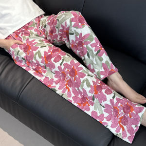 Summer Cotton Cool Pants Womens Long Printed Silk Thin Harlan Casual Loose Straight Leg High Waist Elastic Comfortable