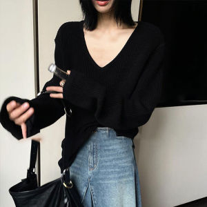YUEZHONGWEI | Black V-Neck Pull-Over Loose Cozy Style Knitwear Mid-Length