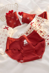 KUCHAR Ladies Panty 6pcs on Sale Underwear Women Cotton Panties Cute Printed Red Good Luck CNY Mid-Waist Girls Briefs M-XL